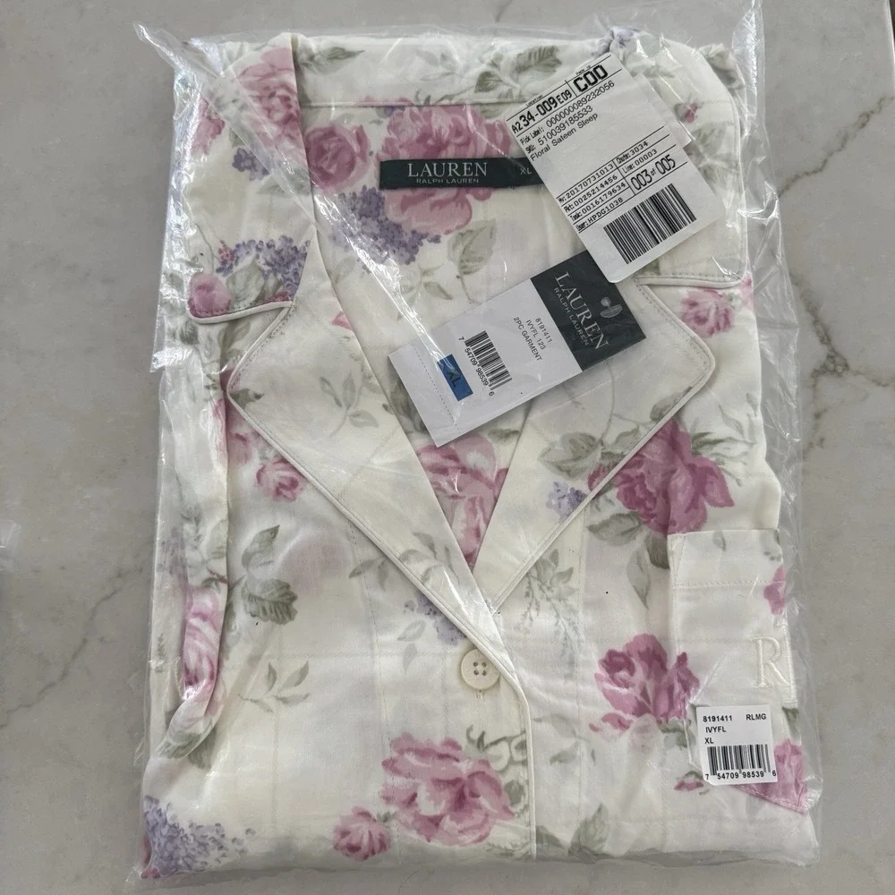 NWT Lauren Ralph Lauren Women's Floral Pajama Set XL Ivory/Pink Cottage Core